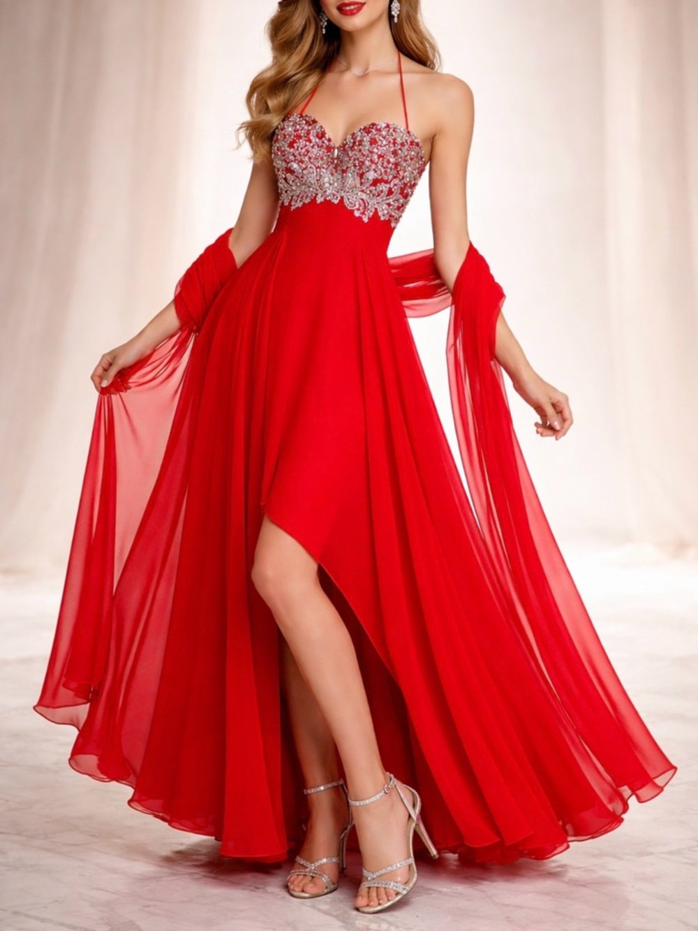 JVN by JOVANI Red Dress Sz 10 Rhinestones Prom Wedding Elegant Classic Glamour